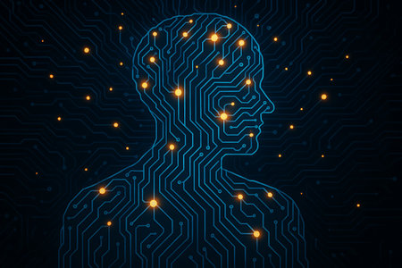 An abstract conceptual illustration depicting a human head and upper body silhouette formed by intricate circuit board lines and glowing data points, set against a dark background with a subtle circuit pattern. This image represents artificial intelligence, machine learning, digital consciousness, brain activity, neural networks, and the complex integration of technology with human thought and intelligence.の素材