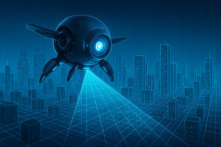 A sleek, dark blue futuristic drone with a glowing central eye and multiple legs hovers above an abstract digital city. It emits a bright blue light beam, scanning the urban landscape composed of glowing wireframe buildings and a detailed grid-like ground, representing advanced technology, surveillance, and smart city infrastructure in a high-tech, connected future.の素材