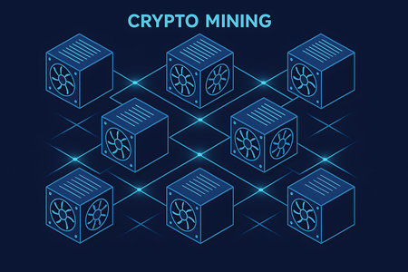 An isometric vector illustration depicting a cryptocurrency mining farm. Multiple interconnected server-like mining rigs, each with a cooling fan, are arranged on a dark blue background with glowing blue connection lines, symbolizing blockchain technology and decentralized networks.の素材