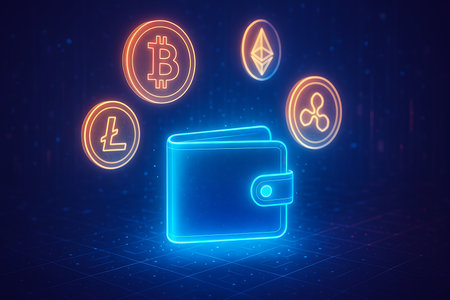 A vibrant 3D illustration of a glowing blue digital cryptocurrency wallet surrounded by prominent altcoins: Bitcoin, Ethereum, Litecoin, and Ripple. Set against a futuristic dark blue background with abstract grid lines and particles, representing secure online transactions, blockchain technology, and the future of digital finance and investment.の素材