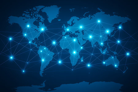 An abstract technology background featuring a stylized world map with glowing blue lines and illuminated nodes, symbolizing global communication, data transfer, and interconnected networks across continents. Ideal for concepts related to digital economy, blockchain, telecommunications, international business, and modern technological advancements.の素材