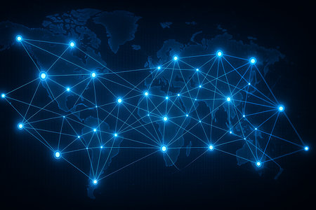 An abstract, futuristic visualization of global network connectivity, featuring glowing blue nodes and interconnected lines spread across a stylized world map. This image represents worldwide digital communication, data transfer, technological infrastructure, and the concept of a truly globalized internet or blockchain system.の素材
