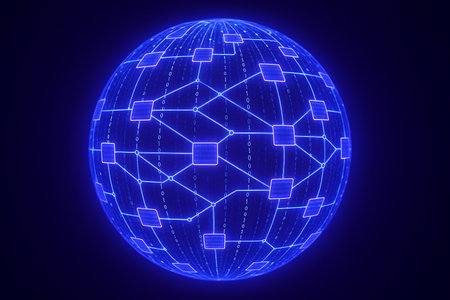 An abstract 3D rendering of a glowing blue sphere, representing a global digital network, blockchain technology, or artificial intelligence. The futuristic globe features interconnected nodes, lines, and binary code, symbolizing worldwide data processing, connectivity, and information flow. Ideal for tech, finance, and cyber-related concepts.の素材