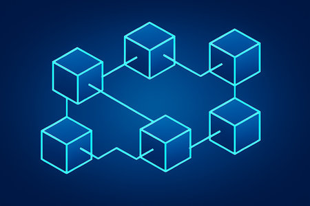 Abstract illustration representing a decentralized blockchain network. Glowing blue isometric cubes are interconnected by lines on a dark blue gradient background, symbolizing data security, distributed ledger technology (DLT), cryptocurrency, and digital information exchange.の素材