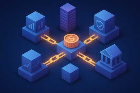 Isometric illustration depicting a secure blockchain financial network. Golden coins, symbolizing digital currency, are centrally connected by glowing chains to various nodes representing data analytics, security, banking, and financial growth, highlighting decentralized finance (DeFi) and modern fintech solutions.の素材