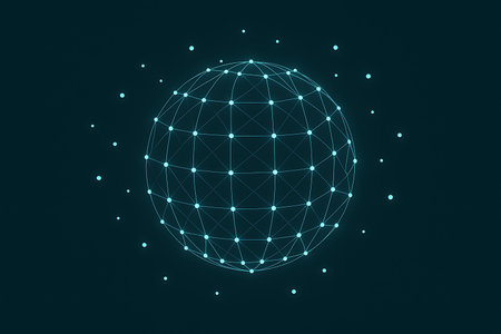 Abstract digital representation of a global network, featuring a glowing wireframe sphere with interconnected dots on a dark teal background. This futuristic illustration symbolizes worldwide communication, data exchange, and advanced technology. Ideal for concepts related to internet, AI, big data, business, and global connectivity.の素材