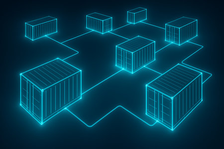 Abstract 3D rendering of interconnected digital containers, depicted as glowing wireframe boxes with neon blue lines on a dark background. This conceptual image represents modern cloud computing, microservices architecture, distributed systems, data networks, server infrastructure, and software development, symbolizing technology, innovation, and global connectivity.の素材