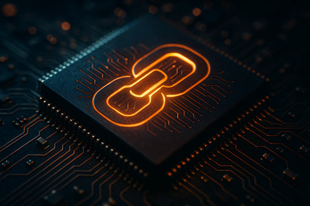 A mesmerizing close-up of a central processing unit (CPU) featuring a glowing orange chain link symbol, representing digital connectivity, secure networking, and blockchain technology. The microchip is embedded in a dark circuit board with intricate, illuminated traces, evoking themes of modern computing, data security, and the future of decentralized systems.の素材