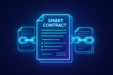 An abstract neon blue illustration depicting a smart contract document at the center, digitally linked by glowing chains to other contractual documents. This visual represents blockchain technology, decentralized finance (DeFi), secure agreements, and the interconnected nature of digital contracts in the cryptocurrency and Web3 space. The futuristic design on a dark background highlights innovation in legal and financial technology.の素材