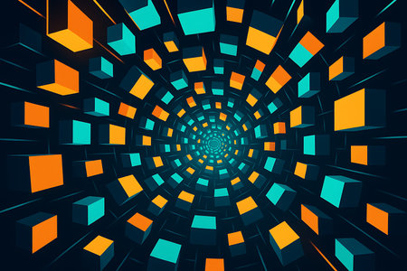 An immersive abstract background featuring a swirling tunnel composed of numerous orange and vibrant teal cubes. The geometric shapes recede into the distance, creating a dynamic sense of depth, motion, and a captivating digital vortex effect. Ideal for themes related to technology, data, futuristic concepts, or contemporary abstract art.の素材