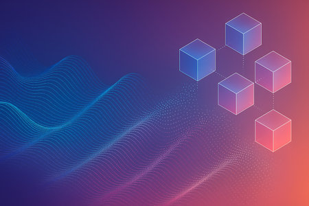 Abstract digital background representing blockchain technology or a decentralized network. Isometric cubes are interconnected by dotted lines, symbolizing data flow and system integration. A dynamic wave pattern of glowing dots creates a sense of futuristic data streaming. The vibrant gradient from blue to purple to orange adds a modern and energetic feel, perfect for themes related to big data, AI, fintech, or cybersecurity.の素材