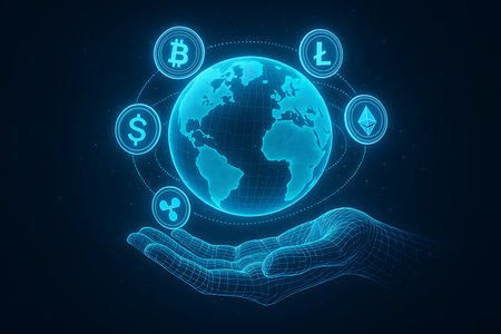 A conceptual image featuring a glowing wireframe hand holding a digital globe, encircled by prominent cryptocurrency symbols like Bitcoin, Ethereum, Litecoin, Ripple, and a traditional dollar sign. This abstract illustration represents the interconnectedness of global finance, blockchain technology, digital currency, and the future of money in a futuristic, dark blue environment.の素材
