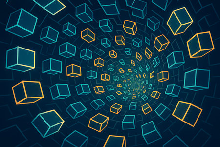 An abstract, futuristic background featuring numerous glowing outlined cubes in teal and orange, receding into a swirling tunnel. This dynamic geometric illustration evokes themes of technology, data, blockchain, virtual reality, and digital networks, creating a sense of depth and modern innovation.の素材