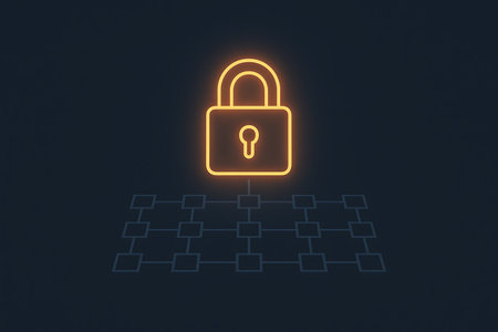 Abstract 3D illustration featuring a glowing orange padlock icon hovering above a subtle, interconnected grid network on a dark background. This image symbolizes advanced cybersecurity, data protection, digital privacy, and the secure nature of blockchain technology and decentralized systems. Ideal for themes of online security, access control, and encrypted information.の素材