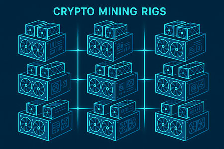 A futuristic vector illustration depicting multiple cryptocurrency mining rigs interconnected in a glowing neon blue network against a dark background. Each rig features computing units and cooling fans, symbolizing the powerful hardware used for digital currency mining and blockchain technology. Ideal for themes related to decentralized finance, tech innovation, and digital assets.の素材