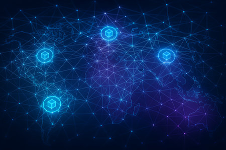Abstract background featuring a futuristic global network with glowing lines, interconnected nodes, and illuminated cube icons overlayed on a world map, representing blockchain technology, data transfer, and worldwide digital connectivity.の素材