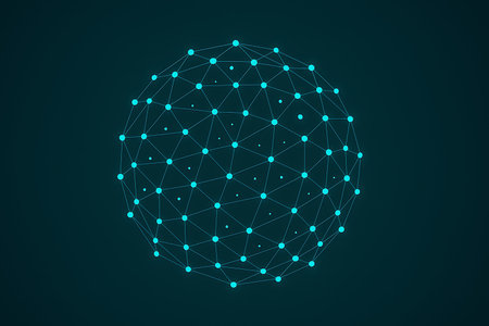 An abstract technological background featuring a glowing blue sphere composed of interconnected dots and lines, symbolizing a global network, data connection, or futuristic communication system. Ideal for concepts related to science, AI, blockchain, internet, and modern digital infrastructure.の素材