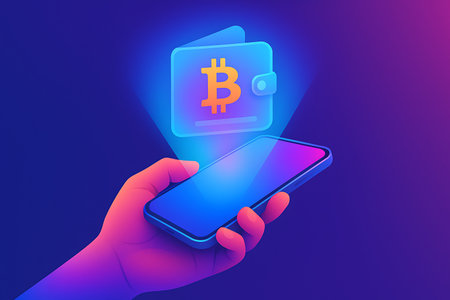 A vibrant digital illustration depicting a hand holding a modern smartphone, from which a glowing, holographic Bitcoin wallet is projected. This image represents modern cryptocurrency management, mobile financial technology, secure digital transactions, and the future of virtual currency and blockchain technology.の素材