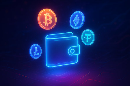 A vibrant 3D rendering of a glowing blue cryptocurrency wallet, surrounded by popular digital currencies: Bitcoin, Ethereum, Litecoin, and Tether. This futuristic neon illustration on a dark background represents secure blockchain technology, online finance, crypto investment, and the modern digital economy.の素材