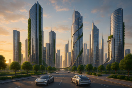 A serene and modern eco-city skyline at sunset, showcasing towering glass skyscrapers integrated with lush vertical gardens. Sleek, futuristic electric cars drive on a wide, tree-lined road, symbolizing a harmonious blend of sustainable architecture, advanced technology, and urban nature in a progressive future.の素材