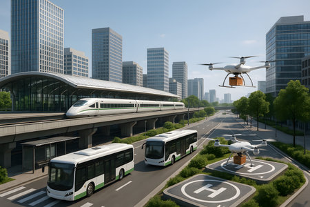 A dynamic urban cityscape showcasing the future of transportation and logistics. High-speed trains glide along elevated tracks, while modern electric buses operate on city roads. Delivery drones fly overhead, carrying packages, with one specifically landing on a dedicated drone pad. The scene features sleek skyscrapers in the background and integrated green spaces, emphasizing a technologically advanced, efficient, and sustainable metropolitan environment for seamless urban living.の素材