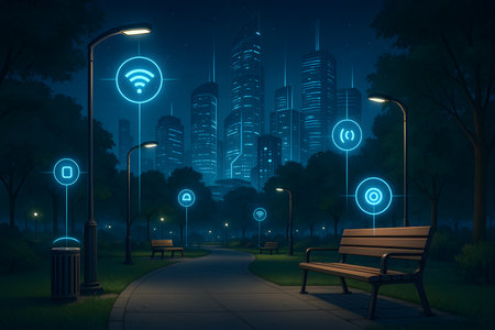 This image depicts a serene yet technologically advanced urban park at dusk, showcasing elements of a smart city. Various glowing blue network icons are connected to streetlights and other urban fixtures, symbolizing the Internet of Things and seamless digital connectivity. Modern skyscrapers form a dynamic, futuristic skyline in the background, all bathed in cool blue light, highlighting urban innovation and intelligent infrastructure.の素材