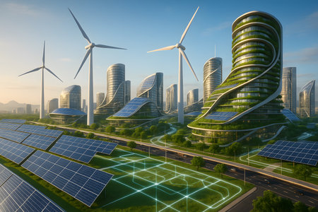 An aerial view of a futuristic, eco-friendly smart city showcasing modern green architecture, extensive solar panel fields, and towering wind turbines. The landscape features innovative buildings with vertical gardens and integrated solar energy solutions, alongside a smart grid represented by glowing lines on lush green grass. This image symbolizes sustainable urban development, clean energy solutions, and advanced environmental technology for a healthier planet.の素材