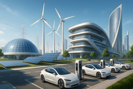 A vibrant vision of a sustainable, futuristic cityscape powered by renewable energy. Electric vehicles are seen charging at modern stations, surrounded by arrays of solar panels and towering wind turbines. Sleek, contemporary buildings with innovative architecture define the skyline, symbolizing a commitment to clean energy, eco-friendly urban living, and a smart, green future.の素材