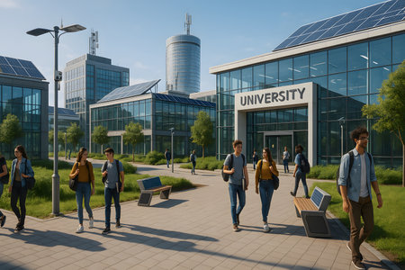 A vibrant scene on a modern university campus, featuring a diverse group of students walking across paved pathways. The contemporary glass buildings showcase sustainable design with solar panels integrated into the architecture and smart benches, highlighting a commitment to green energy and future-focused education. Ideal for themes of higher learning, technology, and environmental responsibility.の素材