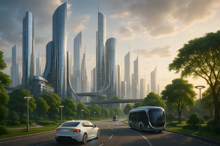 A panoramic view of a vibrant, futuristic smart city featuring sleek, modern skyscrapers, lush green parks, and advanced electric vehicles on a clean road. The scene is bathed in the warm, golden light of sunset, emphasizing sustainable urban development and innovative transportation solutions. Elevated pathways and green infrastructure seamlessly integrate with contemporary architectural design, creating a harmonious and eco-conscious urban environment.の素材
