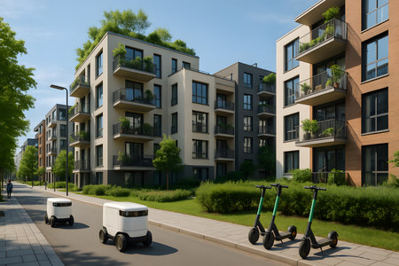 A dynamic urban street scene showcasing modern residential buildings featuring balconies and lush green roofs, emphasizing sustainable architecture and contemporary city living. Autonomous delivery robots are navigating the street, while electric scooters are conveniently parked on the sidewalk, highlighting innovative last-mile delivery solutions and future urban mobility. The bright daylight and clear sky underscore a vibrant and eco-conscious city environment.の素材