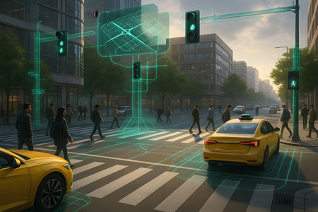 A futuristic cityscape scene depicting advanced urban traffic management and smart infrastructure. Luminous neon green digital grid lines and a holographic map overlay visualize data, connectivity, and AI-driven navigation systems for autonomous vehicles and pedestrian safety. Yellow cars and people cross a busy intersection, illustrating the seamless integration of cutting-edge technology into daily city life and the future of urban mobility.の素材