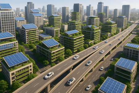 An aerial view of a futuristic and sustainable city, showcasing modern high-rise buildings with lush green facades, verdant rooftops, and extensive solar panels for renewable energy. A busy urban highway with cars weaves through the eco-friendly cityscape under a clear sky, symbolizing the integration of advanced infrastructure with environmental innovation and green urban planning for a resilient future.の素材