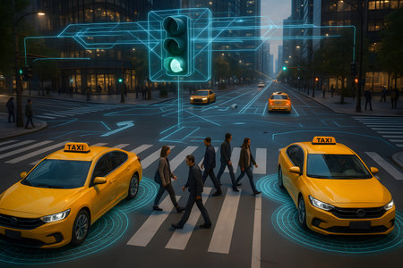 A futuristic city intersection at dusk, showcasing advanced urban mobility. Glowing blue lines represent a sophisticated digital network connecting autonomous yellow taxis, smart traffic lights, and pedestrians. This image illustrates concepts of smart cities, intelligent transportation systems, AI-powered vehicles, and enhanced urban planning for a safer, more efficient future.の素材