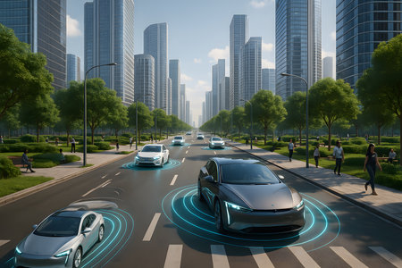 Futuristic self-driving electric vehicles with glowing navigation rings are seen on a multi-lane city street, flanked by lush green parks and sidewalks with pedestrians. Tall glass skyscrapers rise in the background under a bright sky, showcasing a vision of advanced urban mobility and sustainable smart city infrastructure.の素材