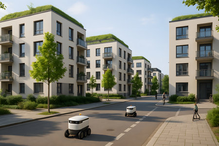A vibrant street scene depicting modern residential buildings featuring eco-friendly green roofs, set against a clear blue sky. Autonomous delivery robots navigate the clean street alongside people on a bicycle and an electric scooter, illustrating a vision of sustainable smart city living, future urban mobility, and efficient last-mile logistics in a contemporary environment.の素材