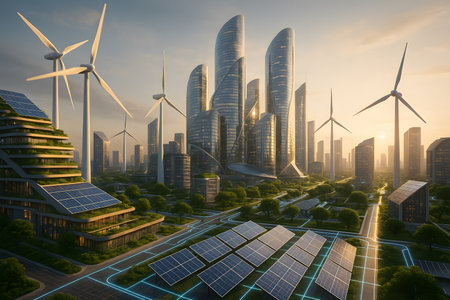 A breathtaking vision of a sustainable city of the future, showcasing modern skyscrapers integrated with advanced green infrastructure. The landscape features numerous wind turbines and solar panels, emphasizing a commitment to renewable energy sources. Lush green spaces, vertical gardens, and intelligent glowing pathways create an eco-friendly urban environment, representing a smart city concept for a cleaner planet.の素材