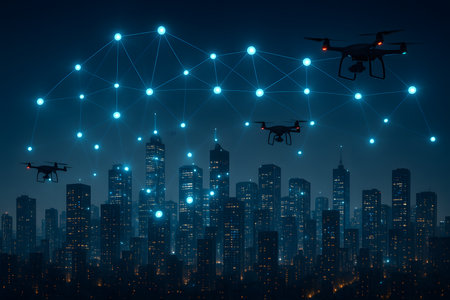 A futuristic cityscape at night, showcasing modern skyscrapers and an advanced urban environment. Multiple autonomous drones fly above, integrated into a glowing blue digital network grid that symbolizes global connectivity, data transfer, and the Internet of Things (IoT). This image represents concepts of smart city development, AI-powered infrastructure, urban surveillance, future transportation, and high-tech communication.の素材
