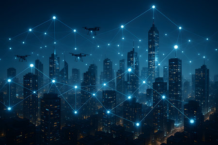 An aerial view of a futuristic smart city at night, illuminated by a glowing blue digital network grid connecting skyscrapers and multiple drones. This image represents advanced urban technology, interconnected communication, data flow, and the integration of IoT and AI in modern metropolitan infrastructure.の素材