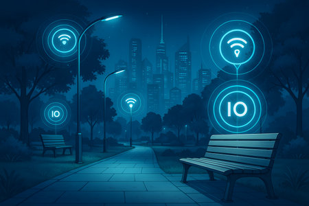 An illustrative nocturnal scene of a smart city park, where modern streetlights emit glowing Wi-Fi and IoT (Internet of Things) symbols, symbolizing advanced urban connectivity. The image features a serene paved pathway, park benches, and lush trees, set against a backdrop of a futuristic city skyline under a dark blue sky. This digital artwork captures the essence of a connected urban environment and technological integration in public spaces.の素材