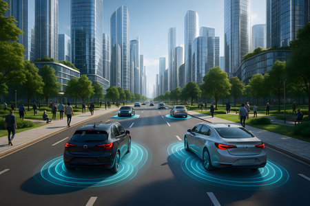 A futuristic urban landscape showcasing advanced autonomous vehicles with glowing sensor fields on a multi-lane road. Sleek glass skyscrapers dominate the skyline, while pedestrians enjoy lush green parks and sidewalks alongside the bustling street. This image symbolizes innovation, smart city development, and the integration of self-driving technology into contemporary metropolitan life.の素材