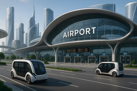 A cutting-edge futuristic airport terminal building featuring sleek, modern architecture, large glass facades, and a prominent &#39;AIRPORT&#39; sign. Autonomous electric vehicles are seen on the road in front of the terminal, highlighting advanced transportation. The backdrop reveals a vibrant cityscape with numerous towering skyscrapers under a clear blue sky, suggesting a smart, high-tech urban environment designed for efficient global travel.の素材