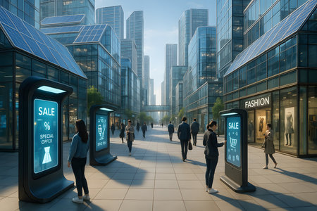 A vibrant urban scene featuring a modern city street lined with sleek glass skyscrapers, some adorned with solar panels, signifying sustainable architecture. Pedestrians navigate a clean, spacious promenade, engaging with luminous digital kiosks displaying &#39;SALE&#39; and &#39;SPECIAL OFFER&#39; advertisements, highlighting the integration of smart retail technology in a future-oriented metropolis.の素材