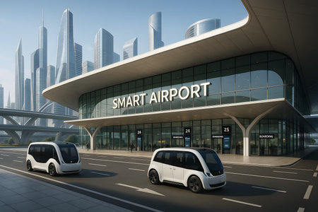 An exterior view of a modern smart airport terminal featuring prominent &quot;SMART AIRPORT&quot; signage on its glass facade. Two futuristic, white autonomous shuttle buses are driving on the road in front, symbolizing advanced urban mobility. The background showcases a gleaming, sprawling city skyline composed of sleek skyscrapers and elevated expressways, embodying the future of travel, public transportation, and smart infrastructure in a technologically evolved metropolis.の素材