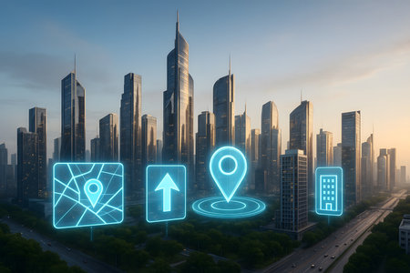 A panoramic aerial view of a futuristic smart city skyline at twilight, augmented with glowing blue holographic digital icons representing navigation, location services, and urban infrastructure. Modern skyscrapers, a busy highway with traffic, and green spaces compose the dynamic cityscape, symbolizing advanced urban planning, connectivity, and intelligent city management.の素材