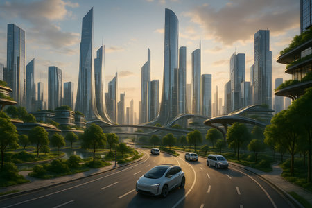 An idyllic view of a futuristic cityscape at golden hour, blending advanced, sleek skyscrapers with lush green spaces, parks, and serene water features. Modern electric cars drive on clean roads, symbolizing sustainable urban development, eco-friendly living, and smart infrastructure. This vision of a harmonious, technologically advanced metropolis offers a sense of hope and innovation for the future.の素材