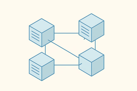 An abstract isometric illustration depicting four light blue blocks connected by lines, symbolizing a blockchain, distributed ledger technology, or a decentralized network. Ideal for concepts related to data, digital security, finance, and advanced technology.の素材
