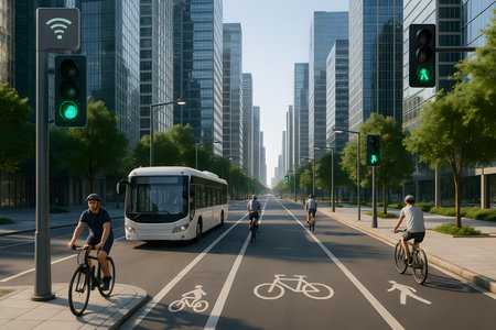 A wide-angle view of a modern city street featuring sustainable urban transportation. Cyclists ride on dedicated bike lanes marked with bicycle symbols, alongside a white public transit bus. Tall glass skyscrapers and green trees line the expansive road. Traffic lights show green, and one pole prominently displays a Wi-Fi symbol, highlighting smart city infrastructure and connectivity in a vibrant metropolitan environment.の素材