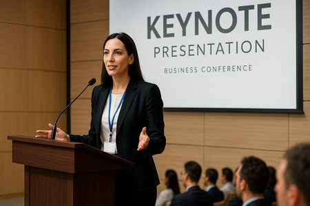 A confident businesswoman delivers a keynote presentation from a podium at a professional business conference. She is dressed in a suit, speaking into a microphone and gesturing, with a large screen displaying &quot;KEYNOTE PRESENTATION BUSINESS CONFERENCE&quot; in the background. A blurred audience is visible in the foreground, adding to the atmosphere of a live event.の素材