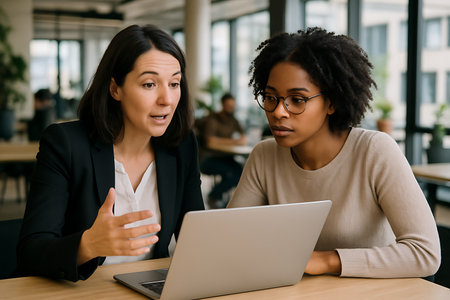 Two diverse professional women are engaged in a focused discussion while working together on a laptop in a bright, modern office or coworking space. One woman is actively explaining or presenting with a hand gesture, while the other intently listens and observes the screen, showcasing teamwork, mentorship, and effective communication in a dynamic business environment.の素材